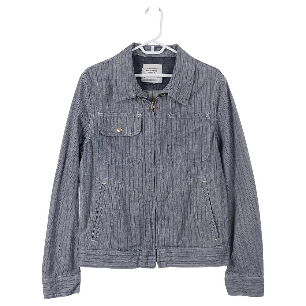 Perfecto Brand Schott NYC Jacket M Blue Hickory Stripe Cotton Full Zip USA Made